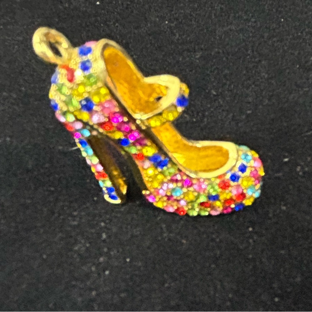 Gold tone, multicolor, rhinestone, stiletto, high heel pendant